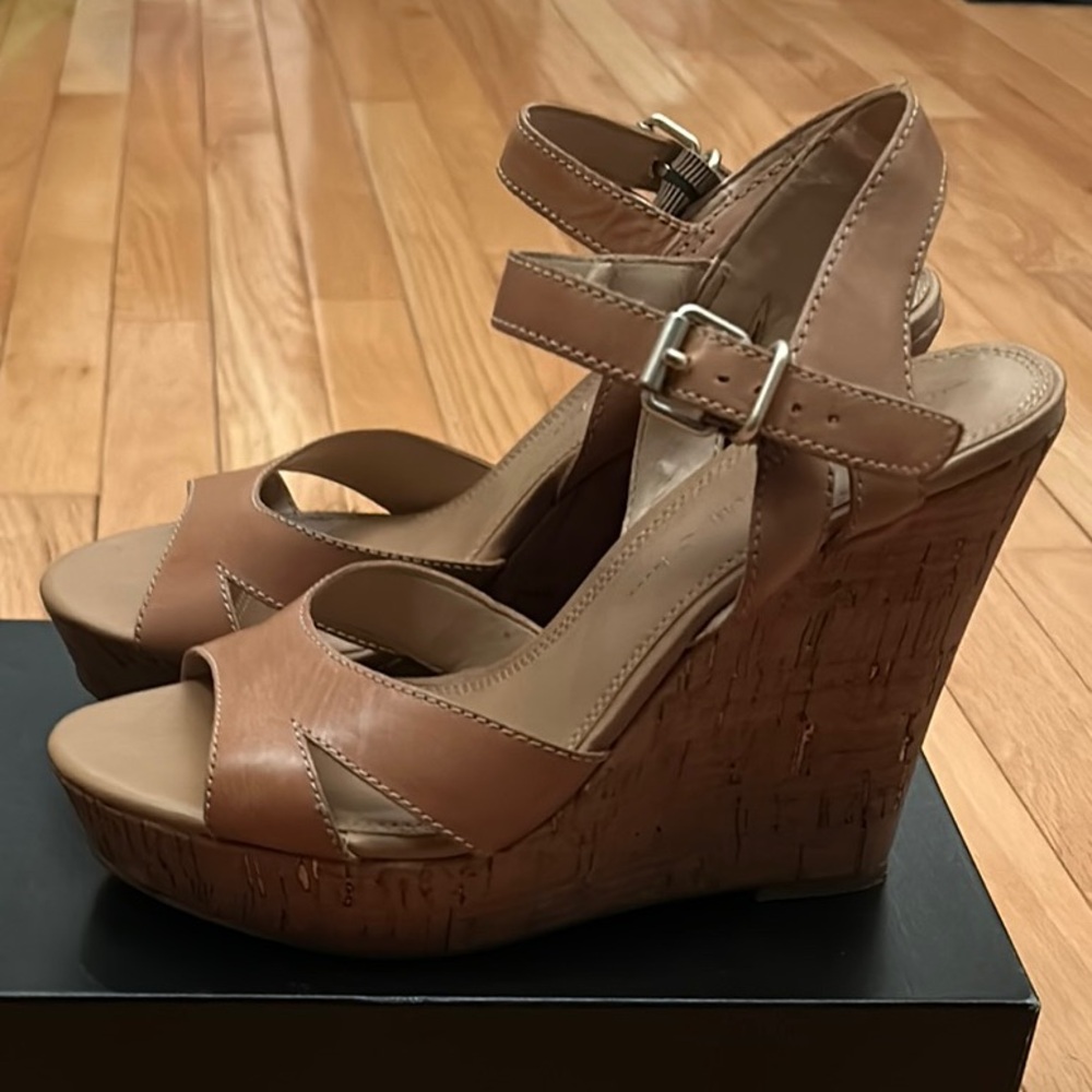 Banana Republic Leather 4.5" Cork Wedge Peep-Toe Sandals - Picture 3 of 5